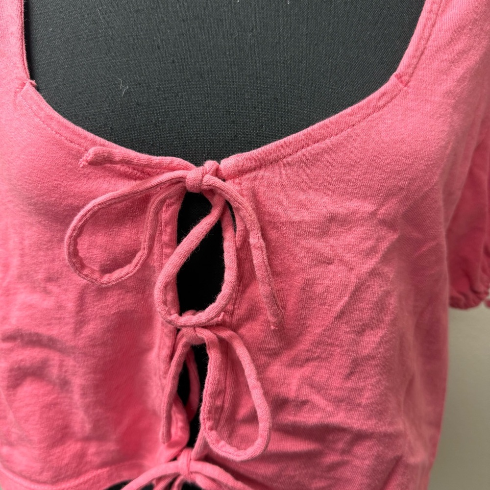 Free People Pink Tie Front Crop Top Puff Sleeve Boho Summer Festival Tee - Picture 3 of 13